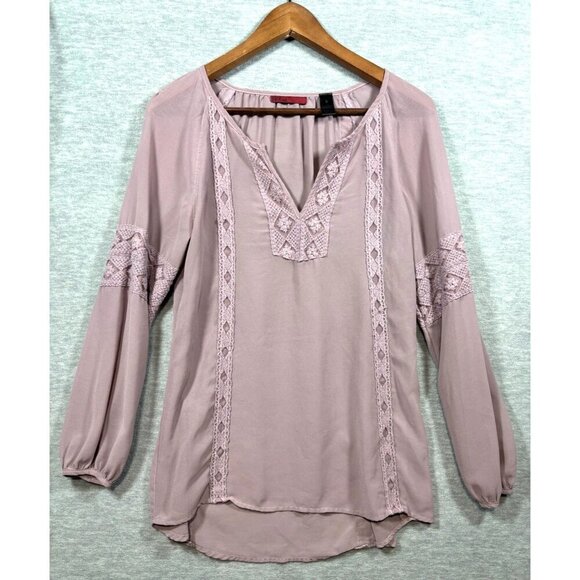 BKE Red Long Sleeve Blouse Lace Trim‎ Details Mauve Color Size S - Picture 1 of 6
